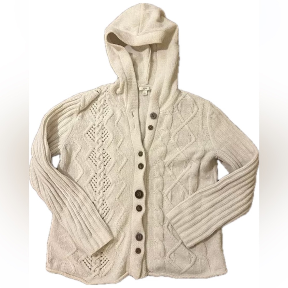 J. Jill Ivory Cable Knit Chenille Cozy Button-Down Hooded Cardigan Sweater 2X